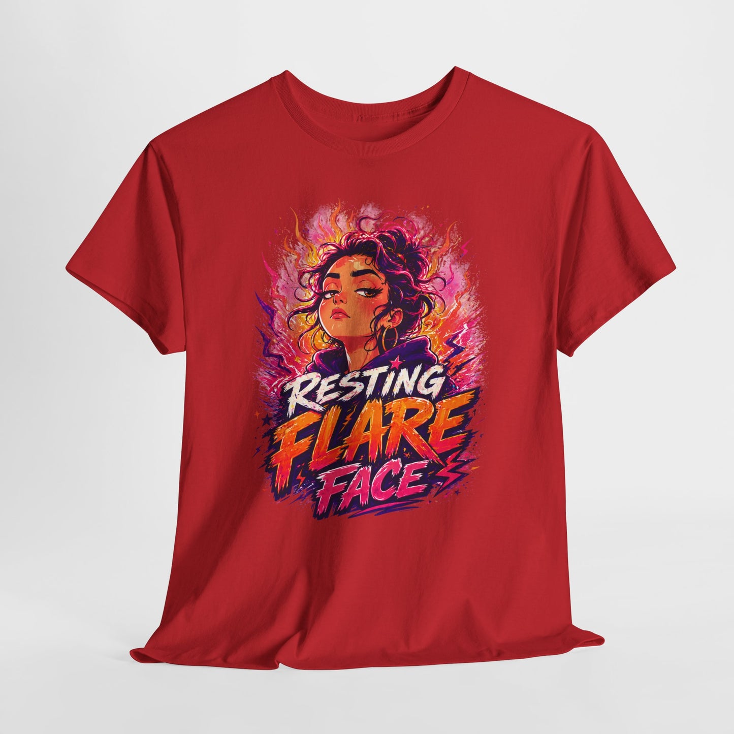 Resting Flare Face T-Shirt — Bold Fiery Graphic Tee for Women & Teens
