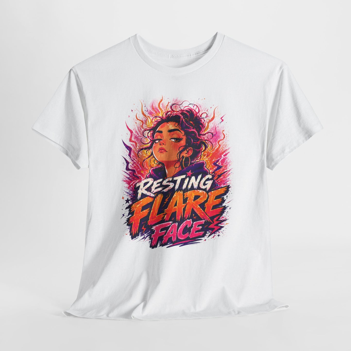Resting Flare Face T-Shirt — Bold Fiery Graphic Tee for Women & Teens
