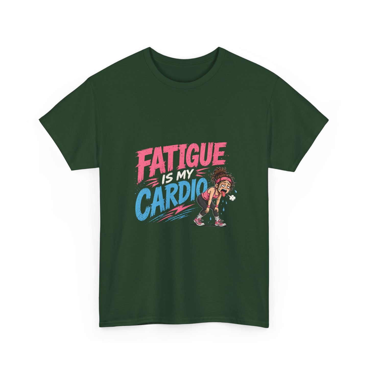 Fatigue Is My Cardio Tee — Funny Workout Tired Gym T‑Shirt with Exhausted Athlete Design