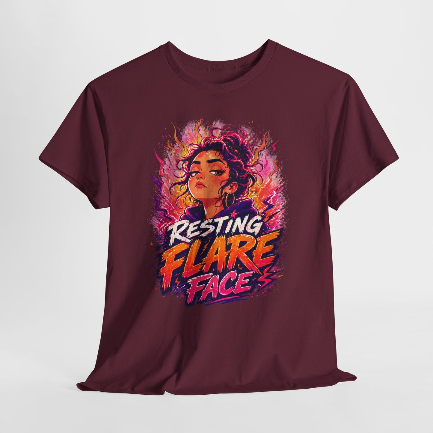 Resting Flare Face T-Shirt — Bold Fiery Graphic Tee for Women & Teens