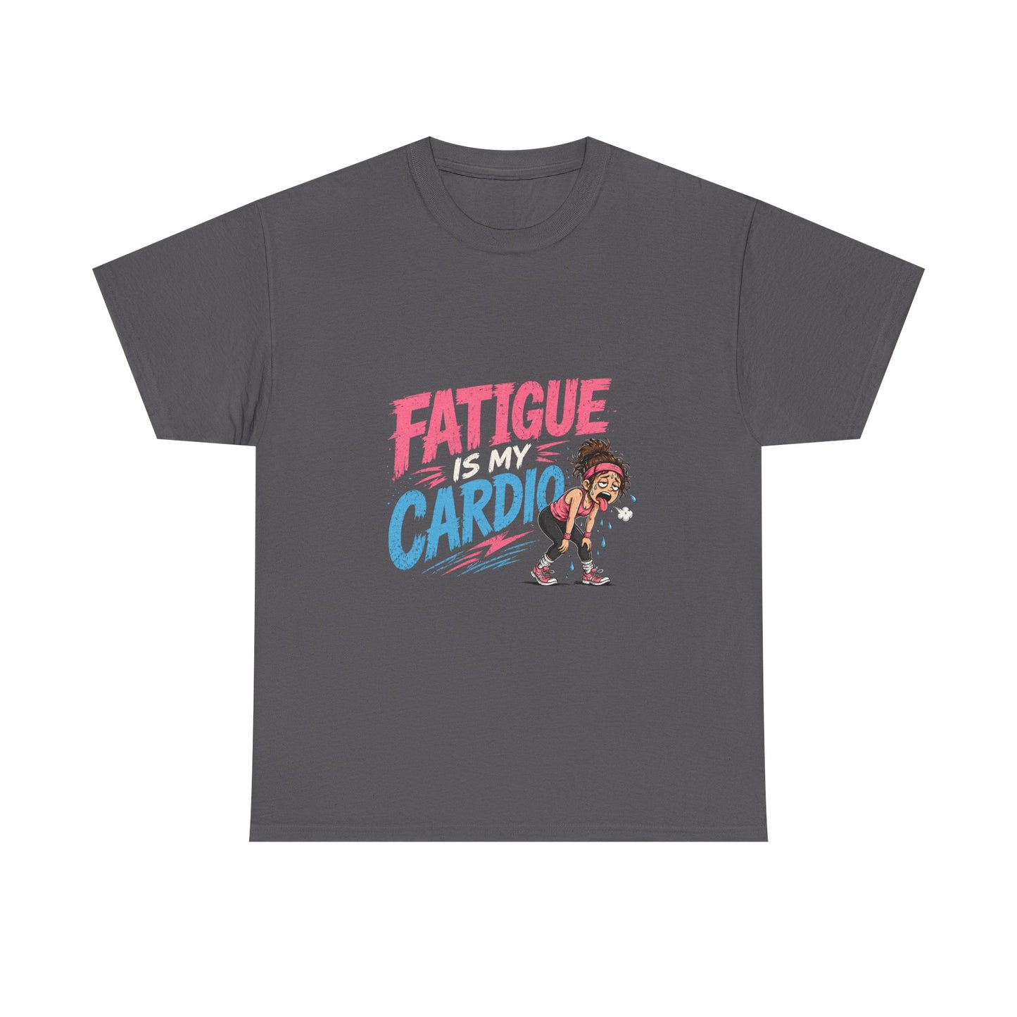 Fatigue Is My Cardio Tee — Funny Workout Tired Gym T‑Shirt with Exhausted Athlete Design