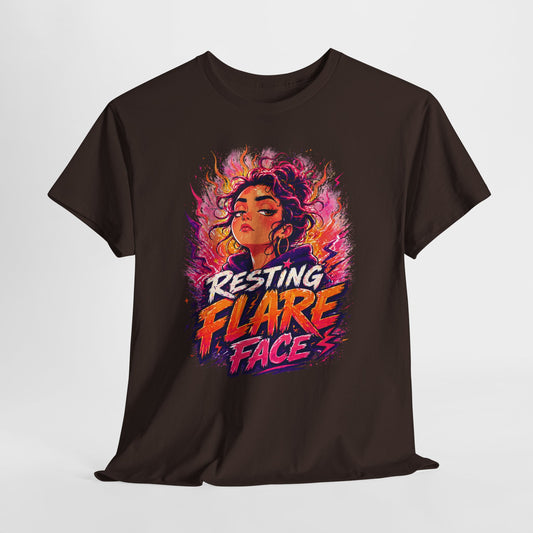 Resting Flare Face T-Shirt — Bold Fiery Graphic Tee for Women & Teens