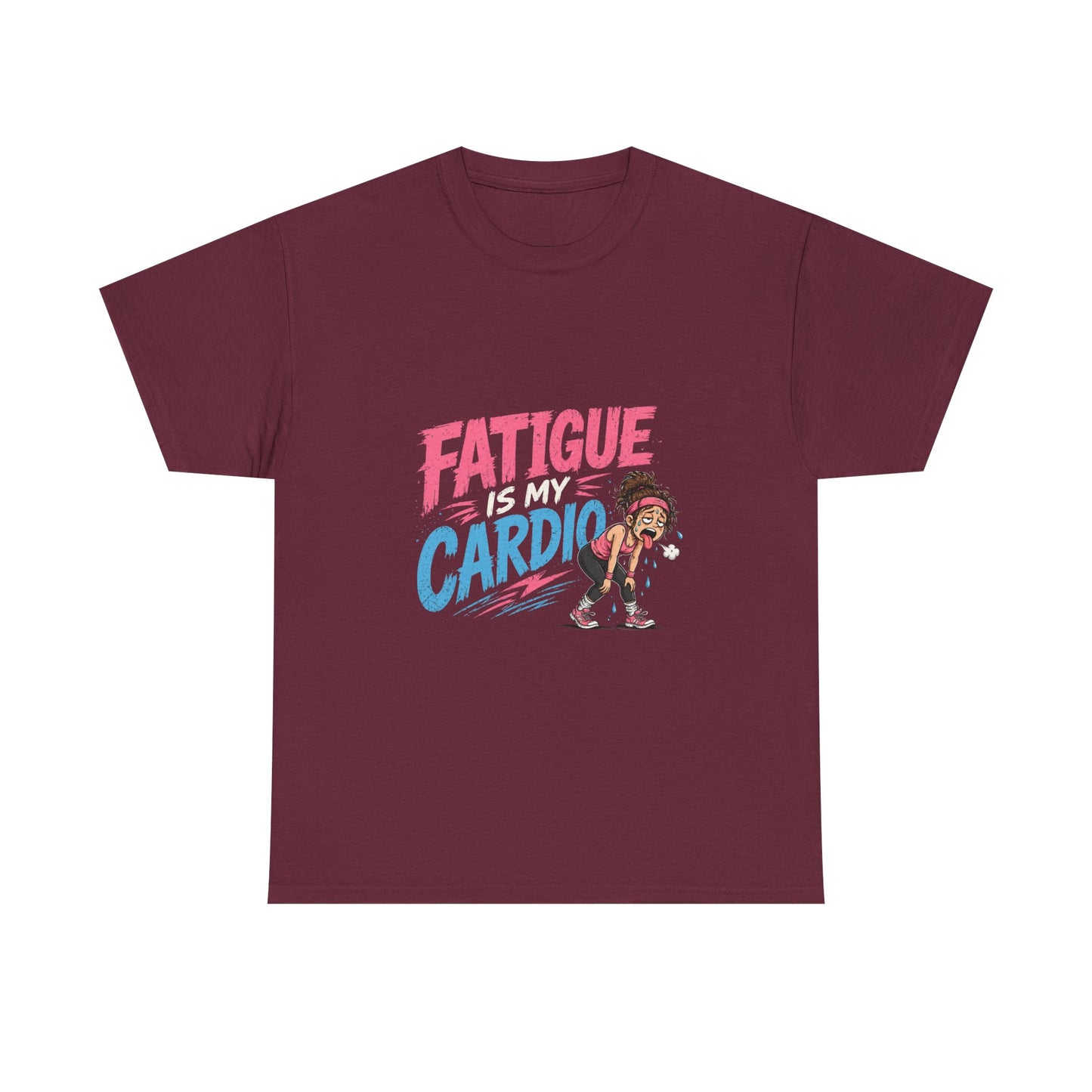 Fatigue Is My Cardio Tee — Funny Workout Tired Gym T‑Shirt with Exhausted Athlete Design