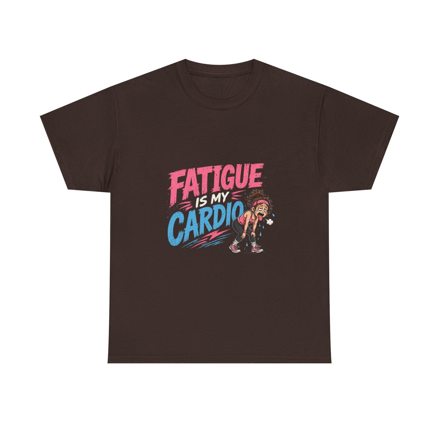 Fatigue Is My Cardio Tee — Funny Workout Tired Gym T‑Shirt with Exhausted Athlete Design