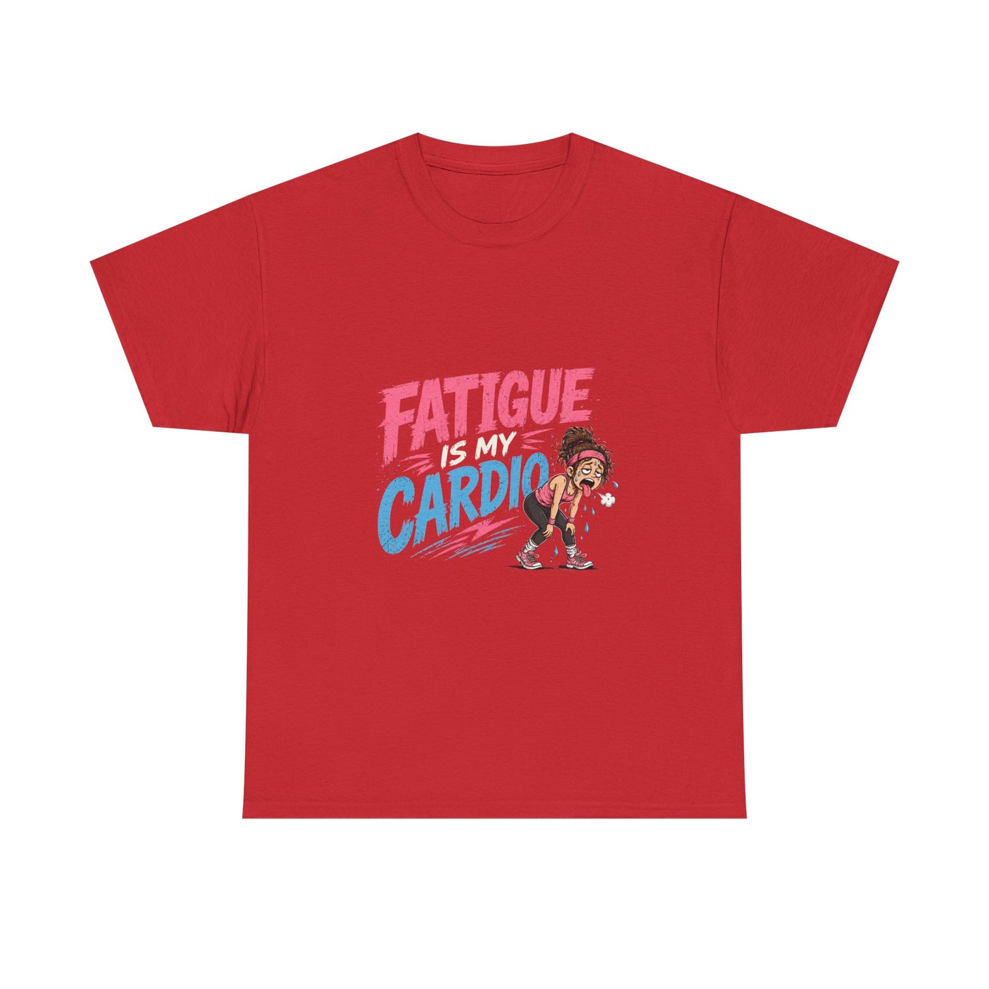 Fatigue Is My Cardio Tee — Funny Workout Tired Gym T‑Shirt with Exhausted Athlete Design