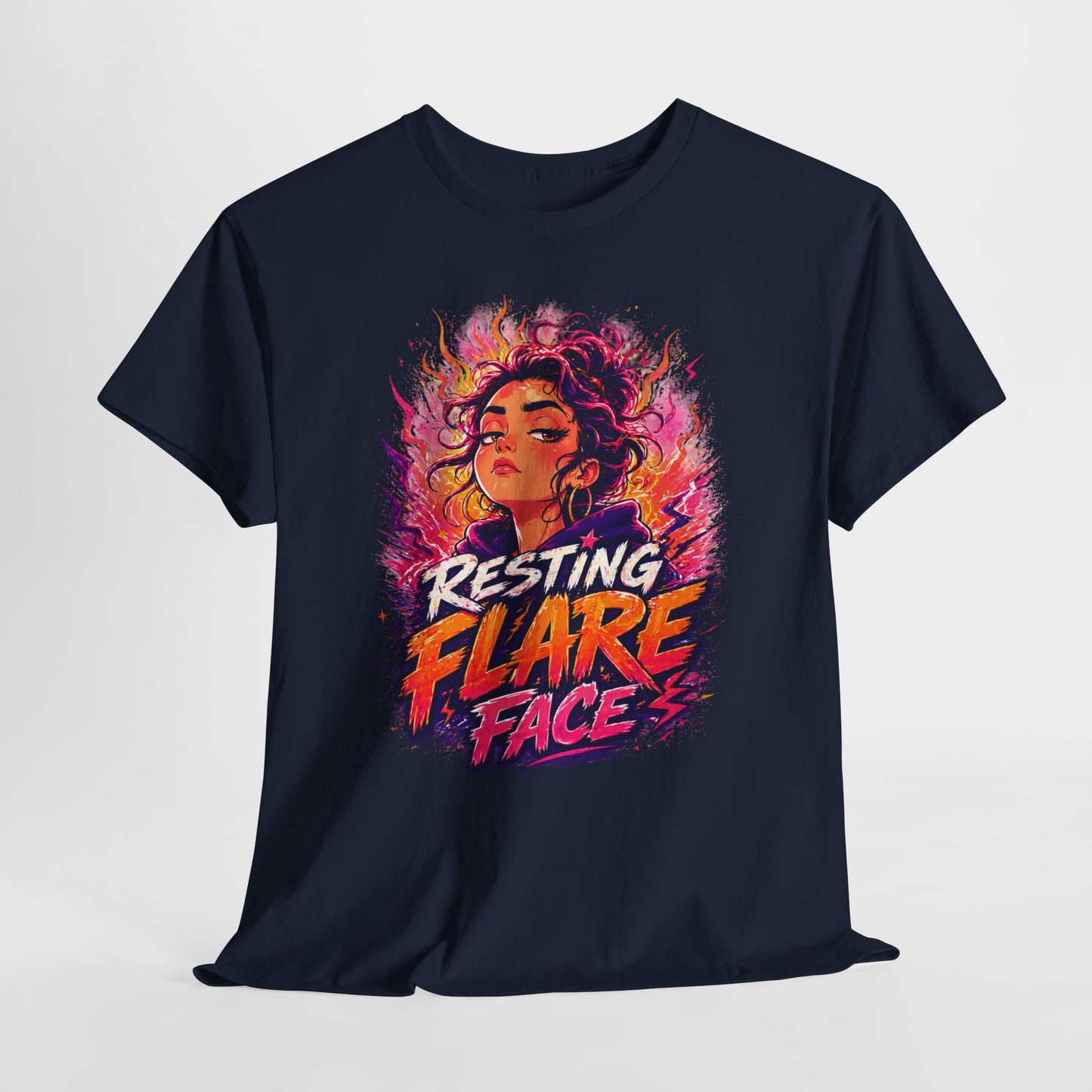 Resting Flare Face T-Shirt — Bold Fiery Graphic Tee for Women & Teens