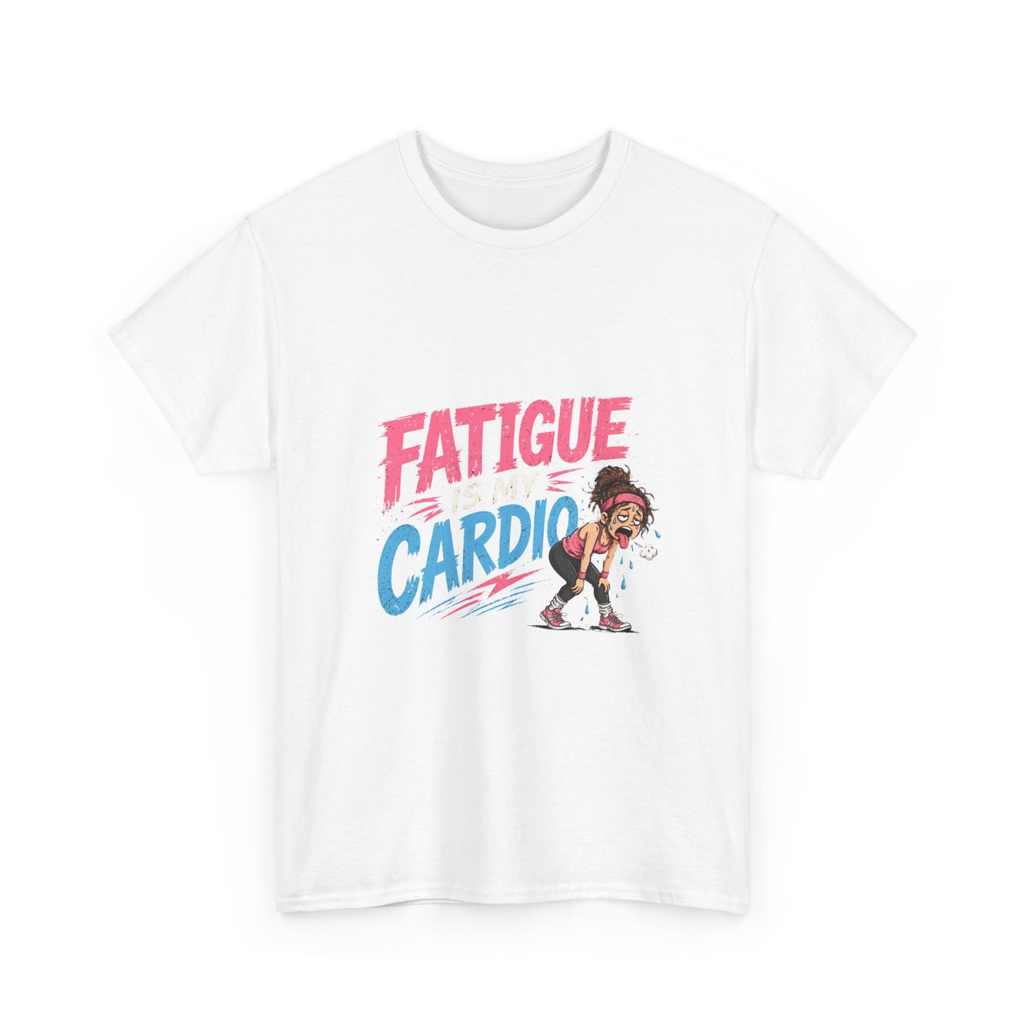 Fatigue Is My Cardio Tee — Funny Workout Tired Gym T‑Shirt with Exhausted Athlete Design