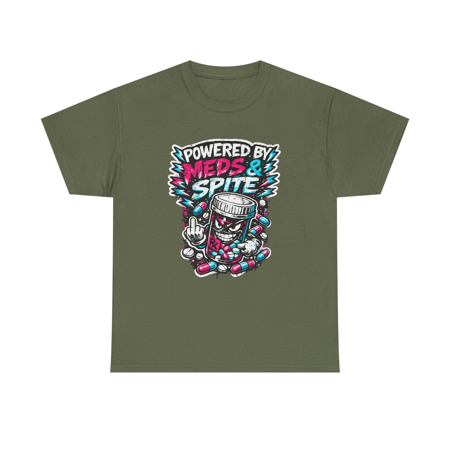 Powered By Meds & Spite T-Shirt — Funny Grunge Medication Graphic Tee