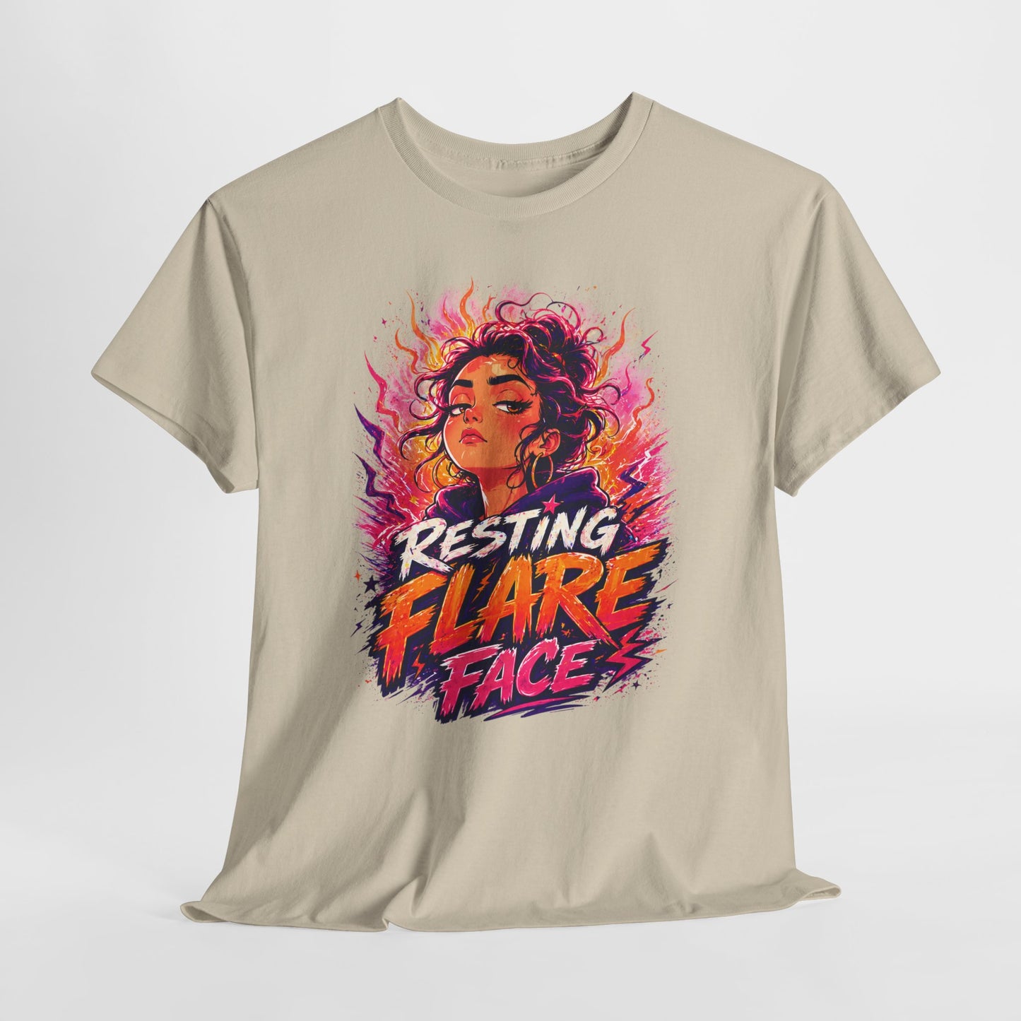 Resting Flare Face T-Shirt — Bold Fiery Graphic Tee for Women & Teens