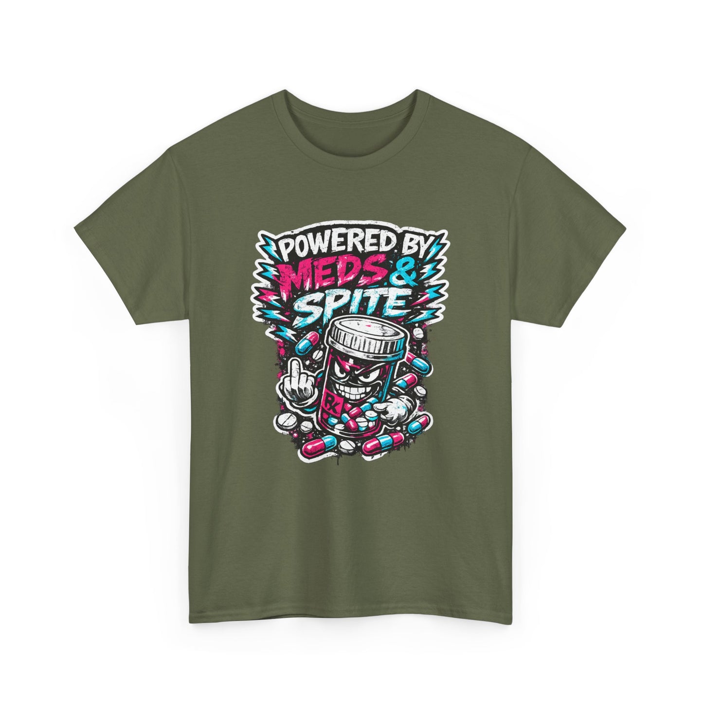 Powered By Meds & Spite T-Shirt — Funny Grunge Medication Graphic Tee