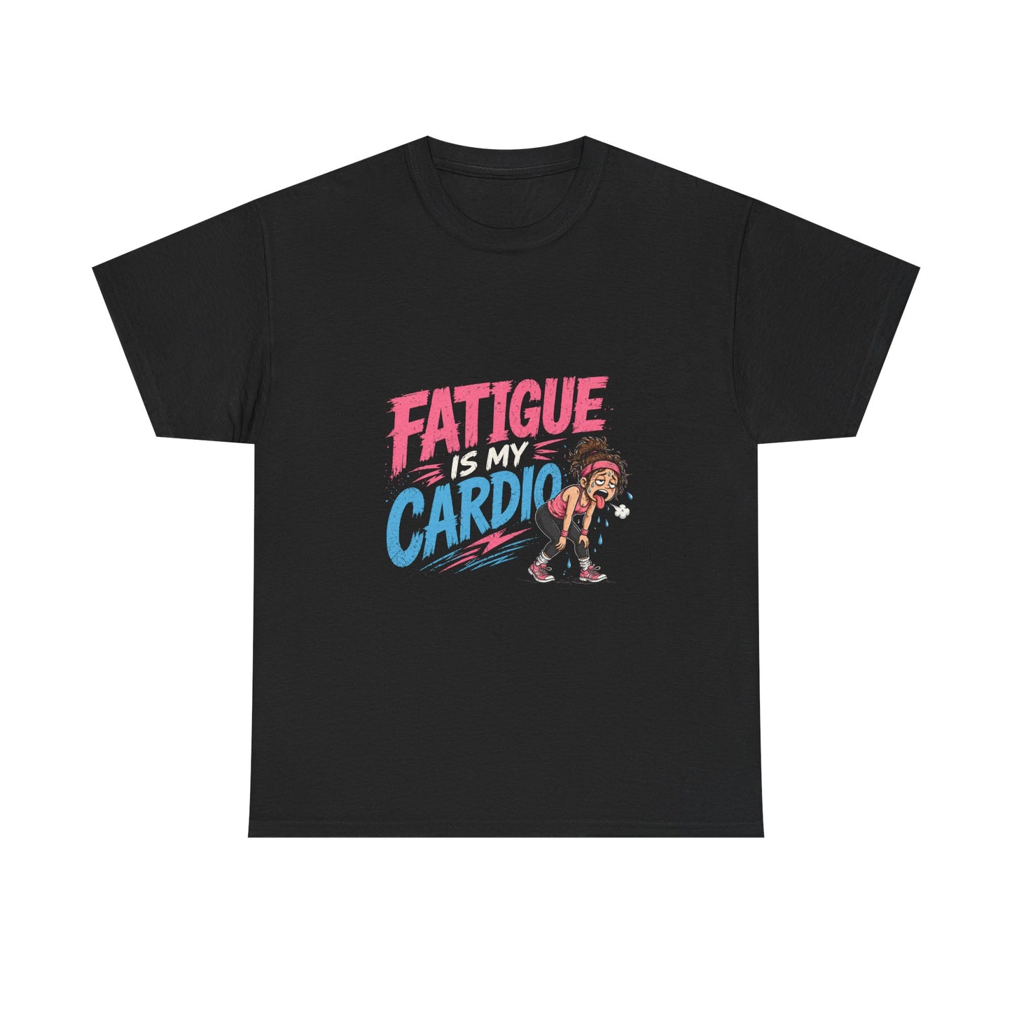 Fatigue Is My Cardio Tee — Funny Workout Tired Gym T‑Shirt with Exhausted Athlete Design