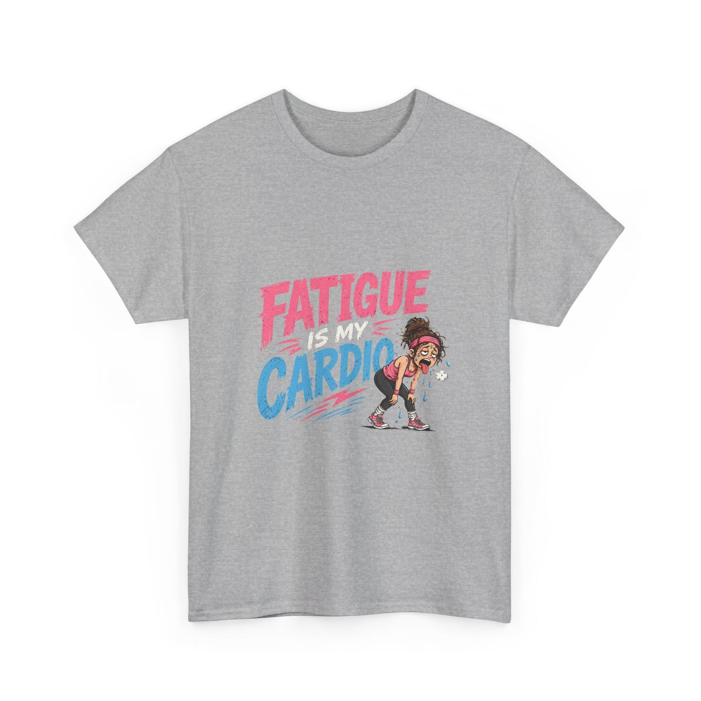 Fatigue Is My Cardio Tee — Funny Workout Tired Gym T‑Shirt with Exhausted Athlete Design