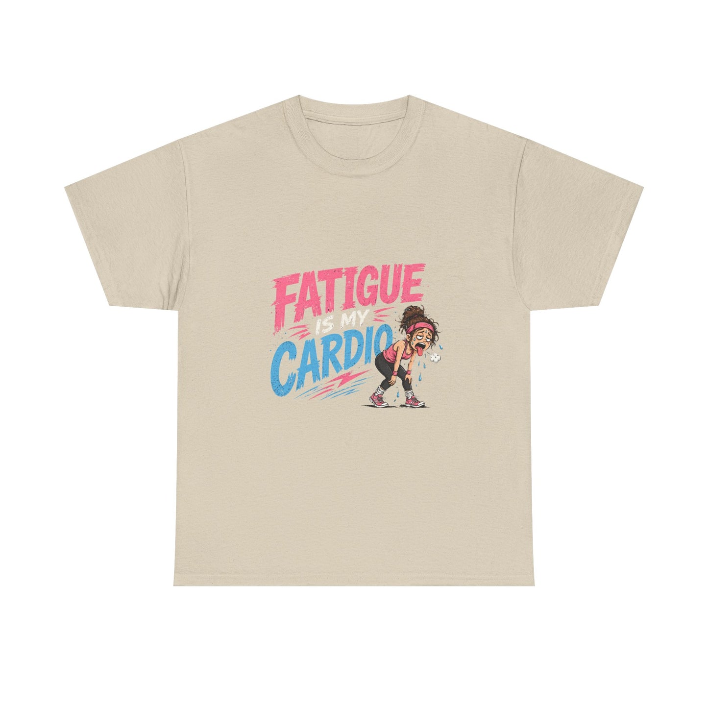 Fatigue Is My Cardio Tee — Funny Workout Tired Gym T‑Shirt with Exhausted Athlete Design