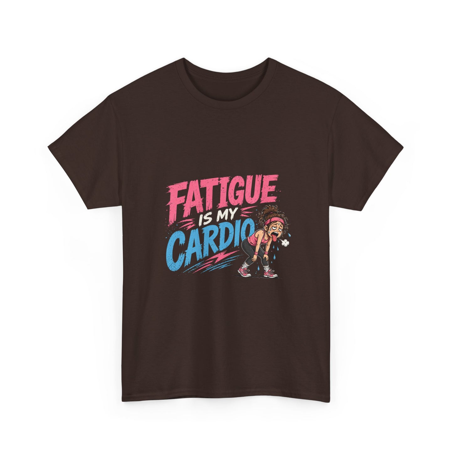 Fatigue Is My Cardio Tee — Funny Workout Tired Gym T‑Shirt with Exhausted Athlete Design