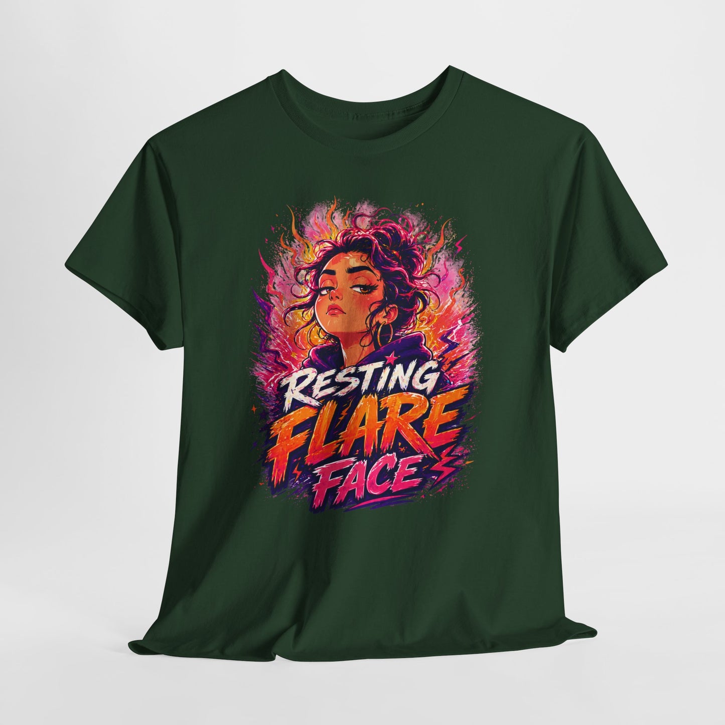 Resting Flare Face T-Shirt — Bold Fiery Graphic Tee for Women & Teens