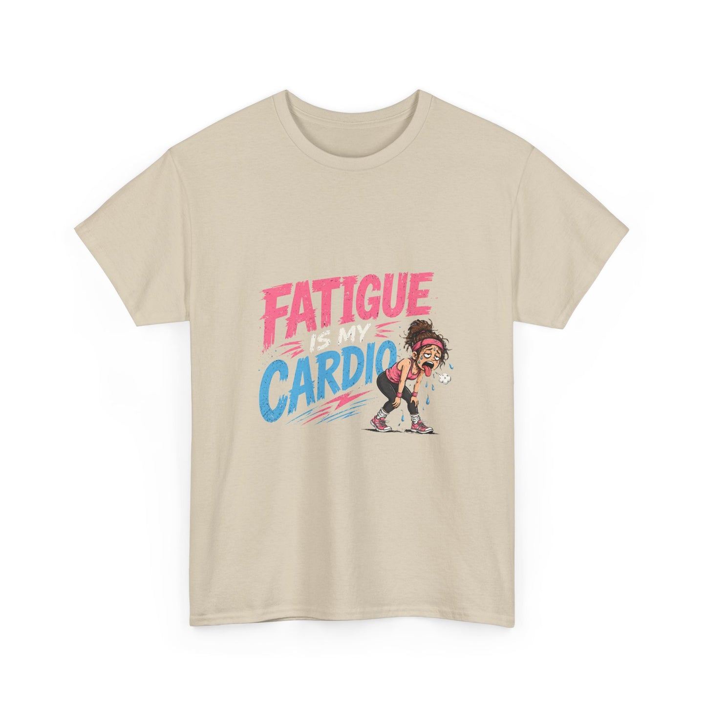 Fatigue Is My Cardio Tee — Funny Workout Tired Gym T‑Shirt with Exhausted Athlete Design