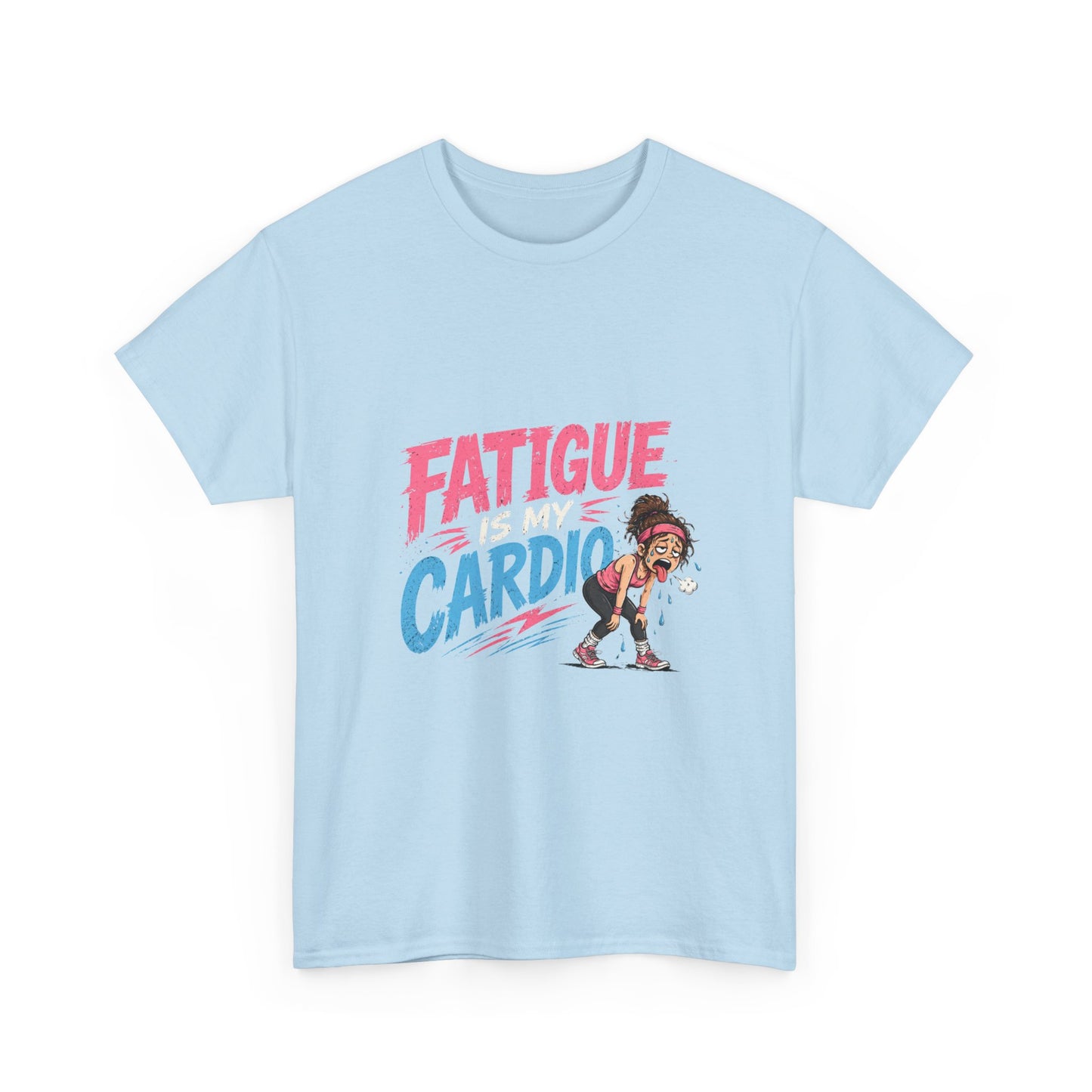 Fatigue Is My Cardio Tee — Funny Workout Tired Gym T‑Shirt with Exhausted Athlete Design