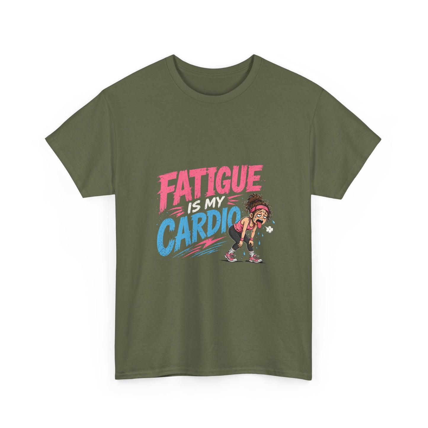 Fatigue Is My Cardio Tee — Funny Workout Tired Gym T‑Shirt with Exhausted Athlete Design