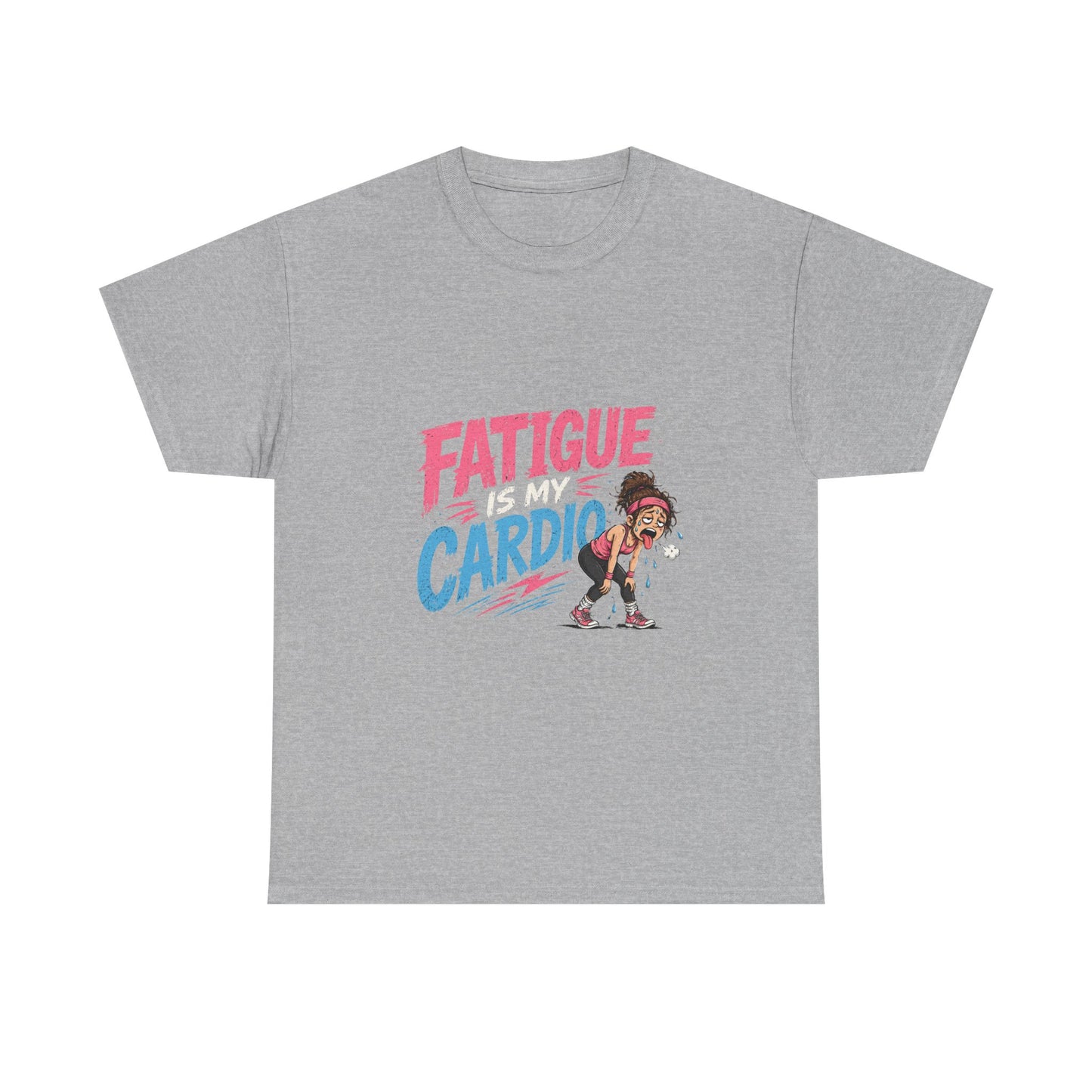 Fatigue Is My Cardio Tee — Funny Workout Tired Gym T‑Shirt with Exhausted Athlete Design