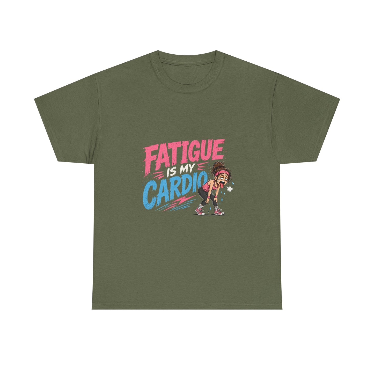Fatigue Is My Cardio Tee — Funny Workout Tired Gym T‑Shirt with Exhausted Athlete Design