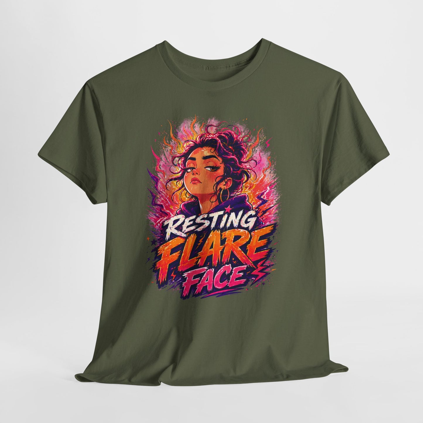 Resting Flare Face T-Shirt — Bold Fiery Graphic Tee for Women & Teens