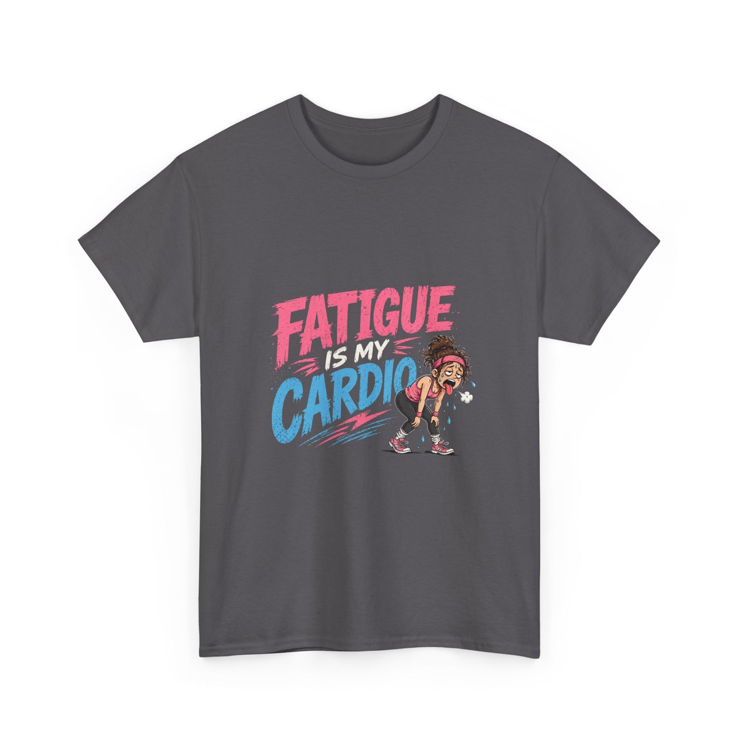 Fatigue Is My Cardio Tee — Funny Workout Tired Gym T‑Shirt with Exhausted Athlete Design